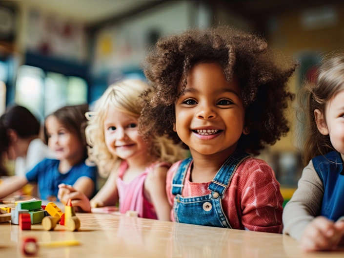 Kindergartenkinder sitzen an einem Tisch mit Bausteinen und sind fröhlich.