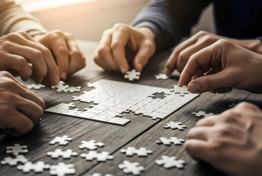 Mehrere Personen arbeiten gemeinsam an einem Puzzle.