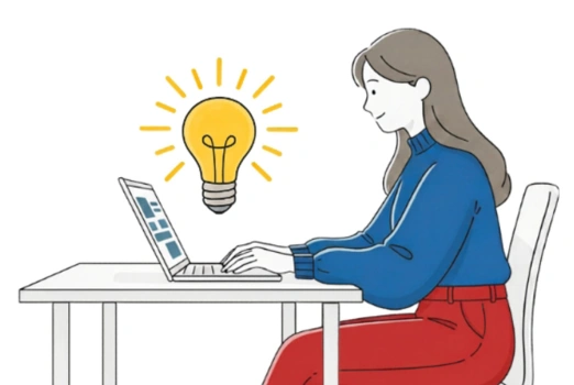 Schlichte Illustration einer Frau in blauen Pullover und roter Hose, die auf einem Stuhl am Tisch sitzt. Vor ihr ein aufgeklappter Laptop, über dem eine Glühbirne schwebt.