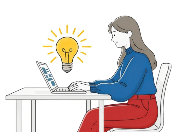 Schlichte Illustration einer Frau in blauen Pullover und roter Hose, die auf einem Stuhl am Tisch sitzt. Vor ihr ein aufgeklappter Laptop, über dem eine Glühbirne schwebt.