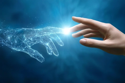 Zwei Hände vor blauem Hintergrund, die sich an einem Finger berühren - eine Hand wirkt menschlich, die andere "digital".