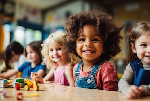 Kindergartenkinder sitzen an einem Tisch mit Bausteinen und sind fröhlich.