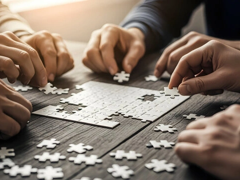 Mehrere Personen arbeiten gemeinsam an einem Puzzle.